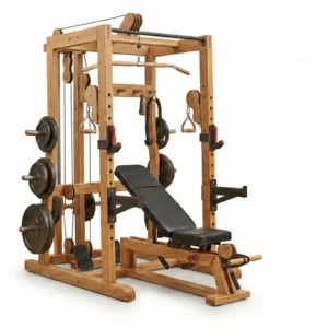 Prabangios medinės jėgos staklės toorx msx 60 su svoriais ir suoliuku, pasižyminčios skandinavišku dizainu.