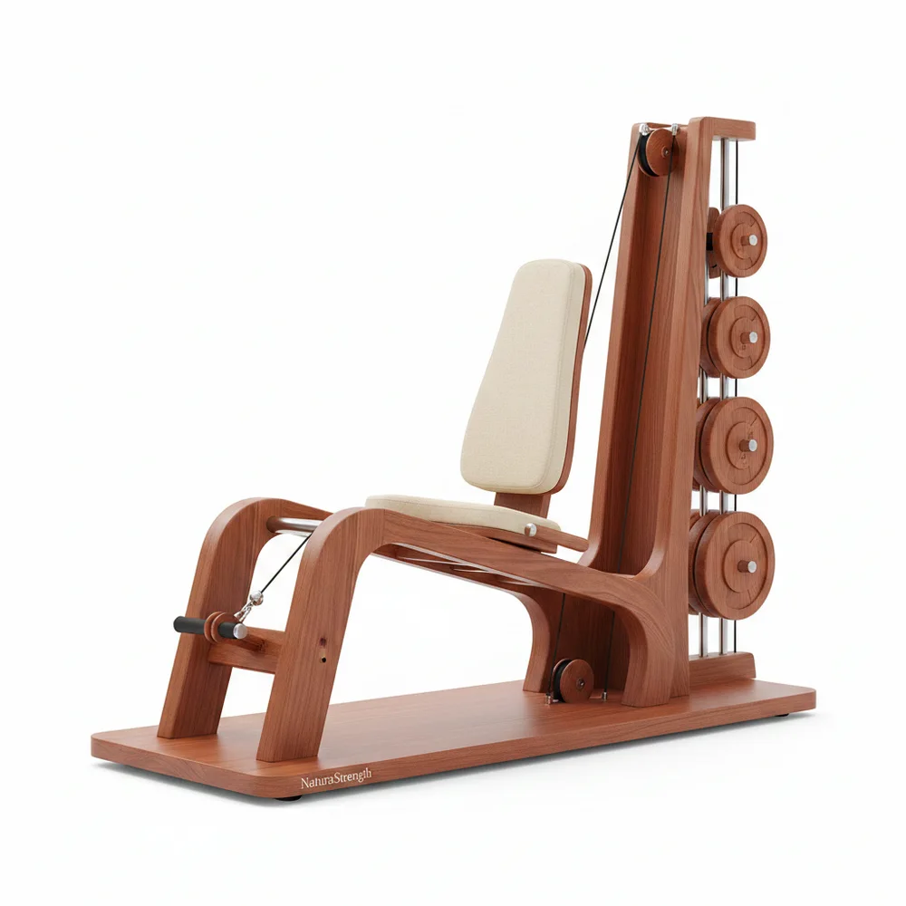Daugiafunkcis medinis treniruoklis Everfit MSK-500 su medine apdaila ir reguliuojamais skriemuliais prabangiai namų sporto erdvei.