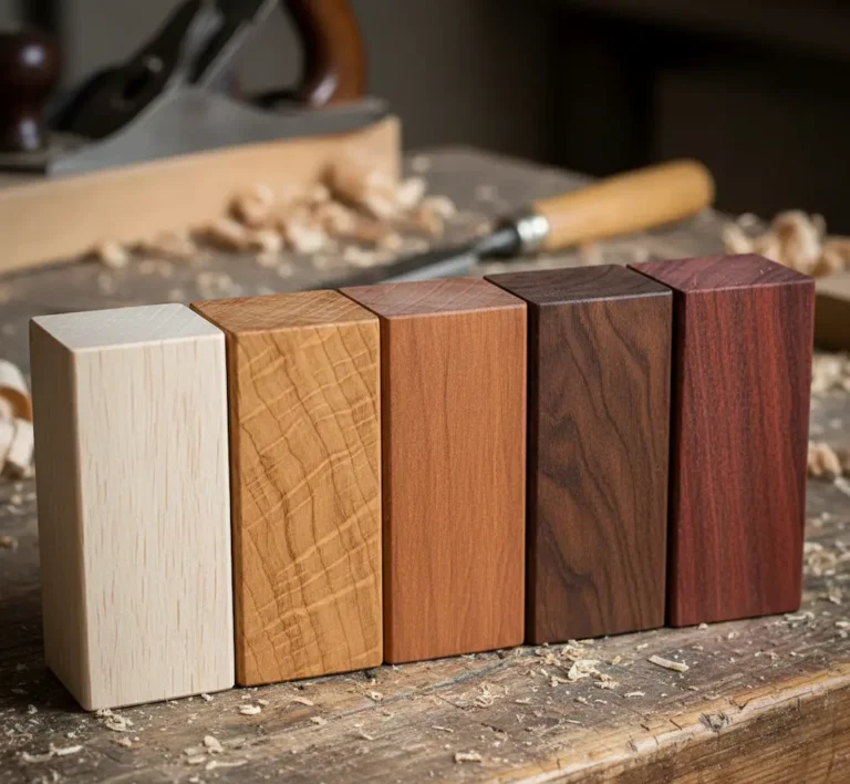 Penki skirtingų atspalvių natūralios medienos pavyzdžiai – nuo šviesaus ąžuolo iki tamsaus riešutmedžio – meistro dirbtuvėse.