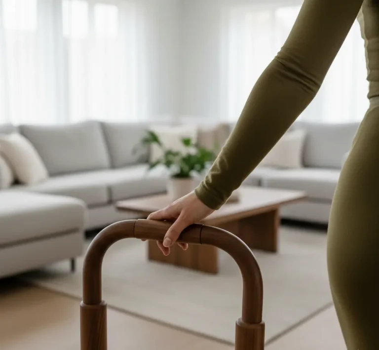 Moteris liečia glotnų, kokybiškai nušlifuotą tamsaus medžio treniruoklio rėmą šviesiame namų interjere.