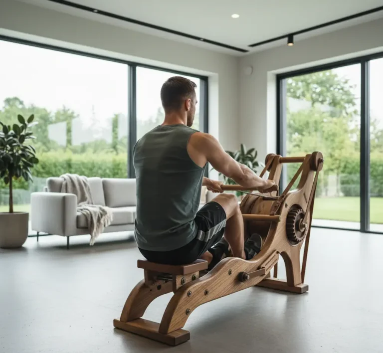 Vyras sportuoja ant medinio irklavimo treniruoklio su unikaliu krumpliaračio mechanizmu modernioje svetainėje su dideliais panoraminiais langais.