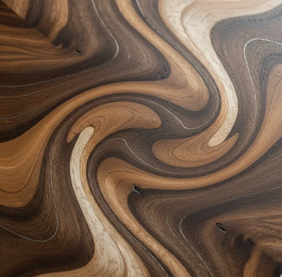 Abstraktus ir prabangus natūralaus riešutmedžio tekstūros raštas su persipinančiomis tamsiomis ir šviesiomis rievėmis.