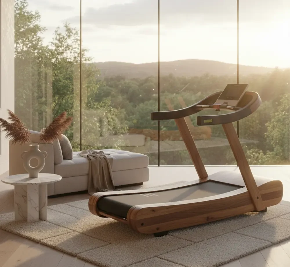 Prabangus tamsaus medžio bėgimo takelis su ekranu moderniame svetainės interjere pro panoraminius langus stebint saulėlydį.