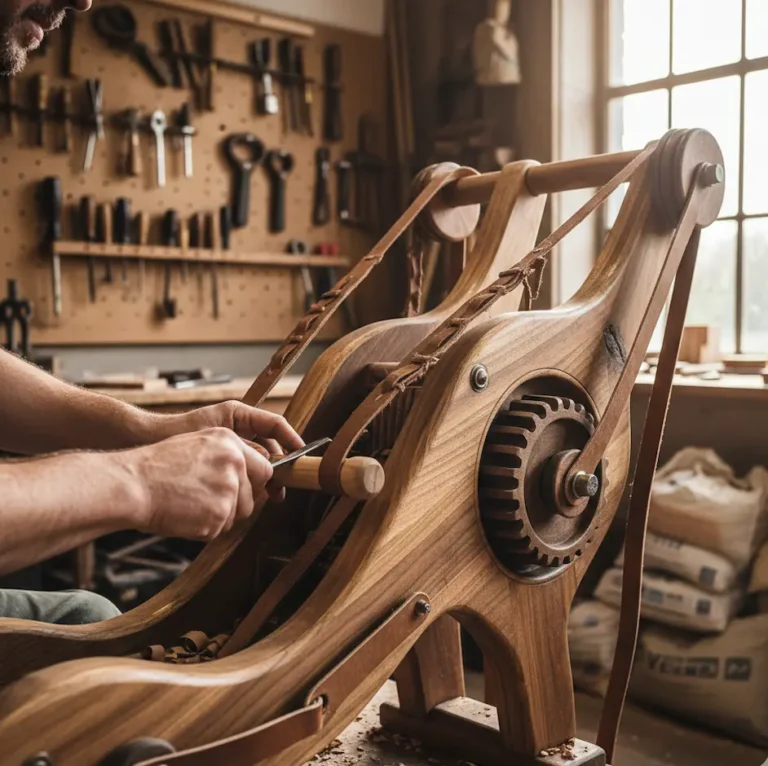 Meistras savo dirbtuvėse kruopščiai montuoja unikalų medinį treniruoklio krumpliaratį ir odinius diržus.