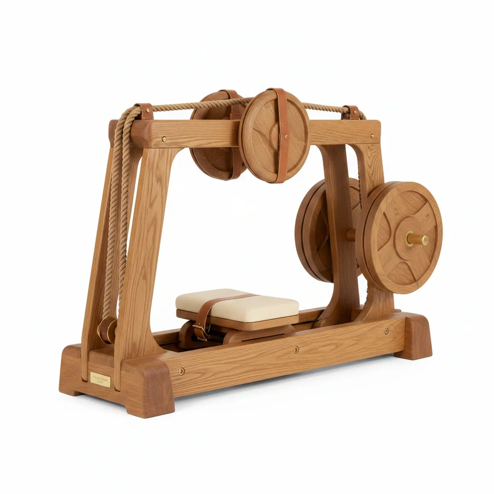 Žemas prabangus medinis treniruoklis - Jėgos staklės TOORX MSX-90 su natūralaus pluošto virvėmis, odine sėdyne ir mediniais svoriais šviesiame fone.