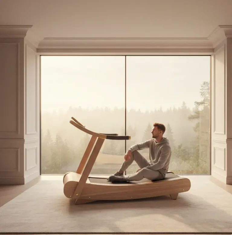 Prabangus medinis bėgimo takelis šviesiame kambaryje, kuriame vyras ilsisi stebėdamas pušyną pro langą.