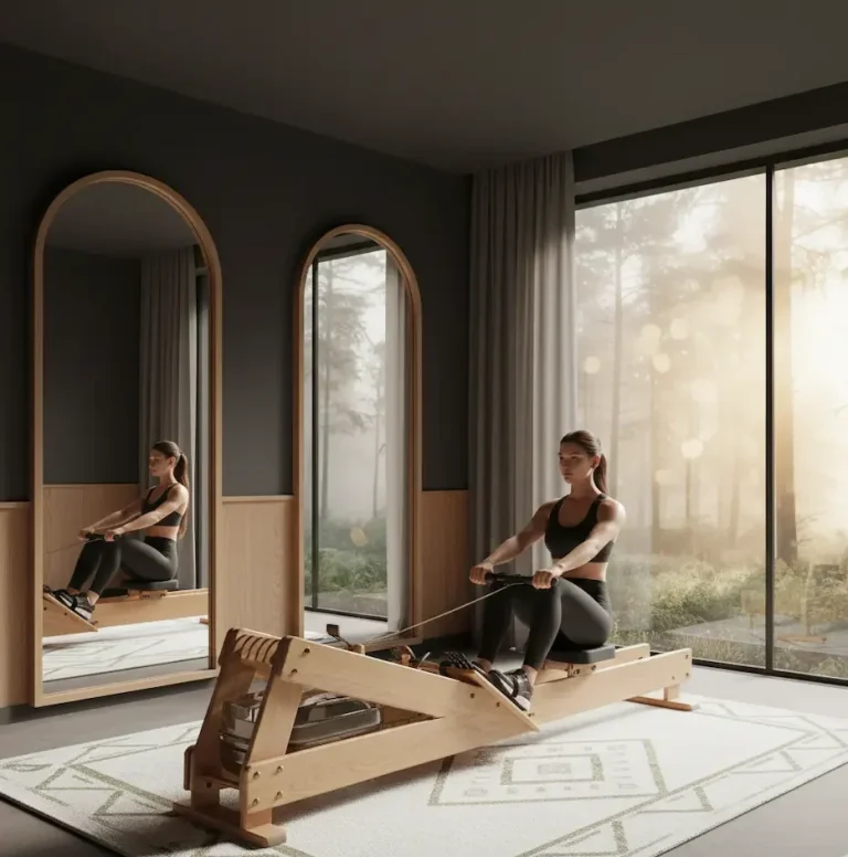 Moteris sportuoja ant šviesaus medžio irklavimo treniruoklio stilingame kambaryje su dideliais veidrodžiais ir vaizdu į gamtą.