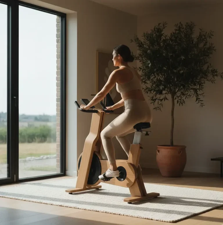 Moteris važiuoja mediniu treniruokliu-dviračiu šviesiame skandinaviško stiliaus interjere šalia dekoratyvinio medžio vazone.